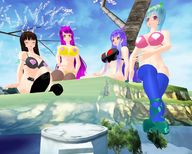 giantess long_hair swimsuit purple_hair blue_hair brunette socks sitting giantesses outdoors