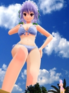 giantess swimsuit cleavage purple_hair red_eyes smiling navel belly looking_down open_mouth sakuya_izayoi digital_render