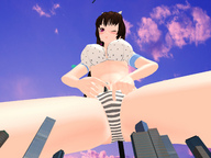 blushing tail mega long_hair swimsuit handheld cleavage red_eyes brunette navel belly looking_down thighs earrings panty_entrapment open_panties digital_render kasuko-san