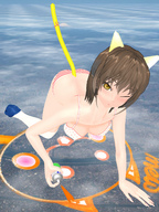 blushing giga tail swimsuit destruction high_heels cat_ears brunette yellow_eyes crawling hand_crush cat_girl manicure thigh_highs looking_at_viewer winking digital_render kasuko-san