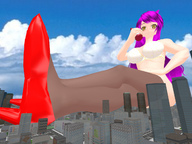 giantess city long_hair high_heels purple_hair stockings underwear sitting drinking outdoors digital_render kasuko-san