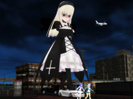 giantess white_hair city long_hair walking looking_down outdoors running_away