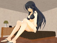 black_hair long_hair underwear mini_giantess sitting indoors flip_flops