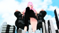 giantess city long_hair barefoot pink_hair sitting outdoors digital_render