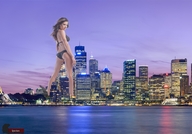 giantess collage city brunette skyscraper sydney looking_at_viewer evening waterfront city_lights