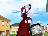 giantess white_hair long_hair skirt purple_hair dress hugging outdoors digital_render long_boots