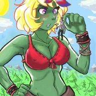 nipples giantess blushing blonde cleavage bra purple_eyes unknown_artist dangle flowers trees green_skin looking_at_man plantgirl