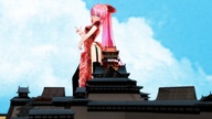giantess long_hair buildings pink_hair kimono looking_at_viewer digital_render goddess-saki