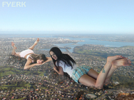 giantess collage feet city black_hair long_hair destruction multiple_giantesses barefoot brunette lying_down giantesses mega_giantess looking_at_viewer fyerk