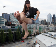 giantess collage feet city long_hair destruction barefoot brunette sitting hand fyerk stuck_to_foot