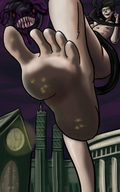 drawing giantess nude black_hair color long_hair barefoot buildings glasses witch looking_down lollipop yellowfeather point_of_view raised_foot bayonetta imminent_crush