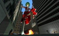giantess city handheld red_eyes green_hair looking_down vehicles point_of_view raised_foot crowds imminent_crush digital_render simsda