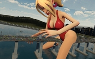 breasts giantess blonde swimsuit bridge destruction cleavage traffic butt_crush smiling unknown_artist looking_down vehicles thighs straddling manicure earrings source_needed looking_at_tiny digital_render