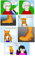 drawing furry tail comic black_hair color barefoot green_eyes shrunken_men foot_crush unaware shrunken_man teniko orange_hair pointed_ears