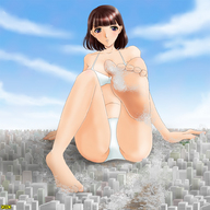 drawing panties city mega color destruction toes barefoot bra brunette purple_eyes omc sitting foot_crush hand_crush dirty_soles looking_at_viewer giantess_tokyo