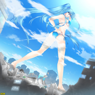 drawing giantess city color swimsuit destruction barefoot blue_hair omc clouds looking_at_viewer two_piece giantess_tokyo
