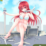giantess panties handheld barefoot bra red_eyes omc red_hair sitting foot_crush airplane airport giantess_tokyo
