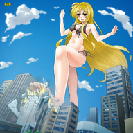 drawing giantess city mega blonde color destruction barefoot buildings omc brown_eyes foot_crush clouds sky strolling giantess_tokyo