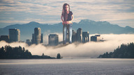 giantess collage city long_hair buildings brunette wonderslug belly mountains sky looking_at_viewer fog waterfront