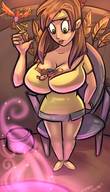 drawing gentle furry large_breasts clothed cleavage green_eyes shrunken dress shrunken_woman shrunken_man looking_down standing magic chair thighs indoors tinies commission bird_girl avian feathers hand_on_hips matthew_the_mouse native_american looking_at_tiny bare_legs humba_wumba teepee between_breasts combatraccoon banjo-kazooie banjo kazooie banjo-tooie