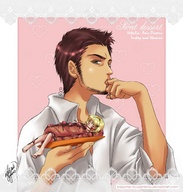 drawing blonde brunette short_hair shrunken_woman beard sideburns hetalia finger_lickin_good