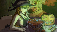 drawing vore color butt cleavage touhou fairy witch halloween pumpkin cirno daiyousei shrunken_people candy chocolate acerok imminent_vore marisa_kirisame