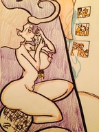 breasts giantess nude blonde color long_hair tongue licking huge_breasts pencil_drawing rocket cosmic_giantess xolittleonexo