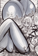 drawing giantess city mega comic monochrome destruction glasses butt_crush bunker_k pointed_ears