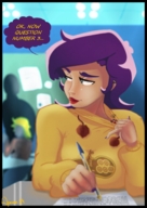 drawing color purple_hair shrunken_man inside_clothing apeiron-macro cheating exam angry_tiny inside_sweater