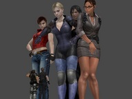breasts giantess blonde black_hair glasses jeans brunette gloves suit giantesses jill_valentine claire_redfield resident_evil belt jumpsuit pointing zipper no_background ada_wong digital_render leon_kennedy sheva_alomar chris_redfield police_officer
