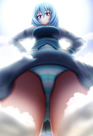 drawing giantess panties blushing upskirt color blue_eyes anime touhou red_eyes blue_hair low_angle smiling looking_down clouds thighs sky point_of_view thigh_highs looking_at_viewer hands_on_hips striped_panties perspective kogasa_tatara heterochromia striped_underwear neva