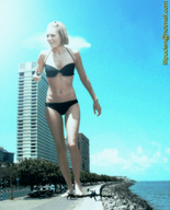 giantess collage blonde swimsuit beach handheld barefoot walking skyscraper fist lilipucien kidnapping