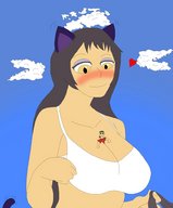 breasts drawing blushing tail male bra cat_ears shrunken looking_down blake rwby belladonna between_breasts