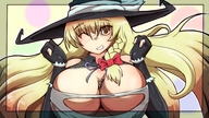 drawing blushing blonde long_hair cleavage anime yellow_eyes smiling gloves witch morichika_rinnosuke hat acerok looking_at_viewer marisa_kirisame winking between_breasts