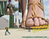 toes high_heels purple_hair story shrunken_men sandals reaching looking_down ilayhu captions ankles crowds running_away looking_at_tiny digital_render