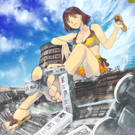 breasts drawing giantess city mega color destruction toes rampage train omc asian short_hair sitting sandals between_toes tokyo toe_play nail_polish giantess_tokyo