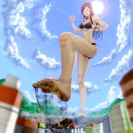 drawing giantess giga city black_hair color swimsuit destruction blue_eyes barefoot rampage omc sun foot_crush looking_down foot_print clouds dirty_soles two_piece giantess_tokyo