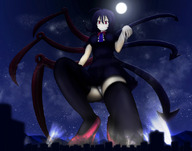 drawing giantess city mega upskirt black_hair color destruction high_heels touhou red_eyes stockings kneeling looking_down thigh_highs full_moon spotlights panchira neva houjuu_nue