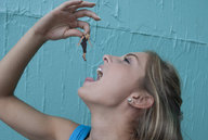 collage vore blonde mouth hand shrunken_woman dangle between_fingers adrianna_daniels imminent_vore looking_at_tiny gullet76