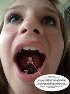 collage blonde long_hair shrunken_woman open_mouth inside_mouth dialogue lilleoproductions gullet76