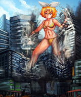 drawing giantess city blonde color destruction blue_eyes ribbon yilx vocaloid muscles smoke two_piece rin_kagamine