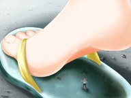 drawing color blood shrunken_men foot_crush shrunken_man under_foot flip_flops raised_foot imminent_crush body_imprint