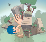 drawing giantess color buildings blue_hair reaching birds point_of_view lep3r trees leper post_apocalyptic