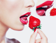 collage vore handheld shrunken_men strawberry shrunken_man open_mouth red_lipstick imminent_vore on_food