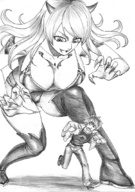 drawing horns size_difference monochrome long_hair cleavage boots running looking_down long_nails apple13