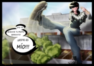drawing giantess black_hair color buildings jeans shoes angry spanish sitting request apeiron-macro eating_sandwich climbing_shoe sweetrikku serranito