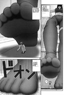 drawing crush manga comic monochrome stockings korean foot_crush shrunken_man hando_herudo raised_foot dialogue