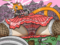 giantess panties upskirt butt blue_eyes knight fishnets entrapment orange_hair striped_panties mspaintgts