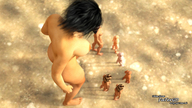 giantess nude blonde black_hair large_breasts barefoot looking_down crowds arena digital_render fater