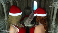 giantess blonde multiple_giantesses brunette christmas gloves giantesses santa_costume looking_at_victim digital_render fater santa_hats